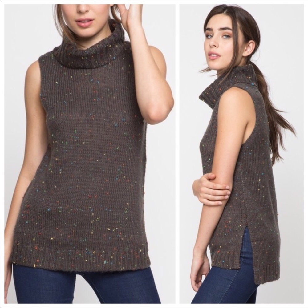 Charcoal confetti sleeveless cowl turtleneck